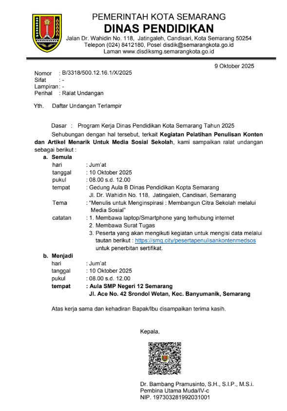 Undangan Kegiatan Pelatihan Penulisan Konten dan Artikel Menarik Untuk Media Sosial Sekolah